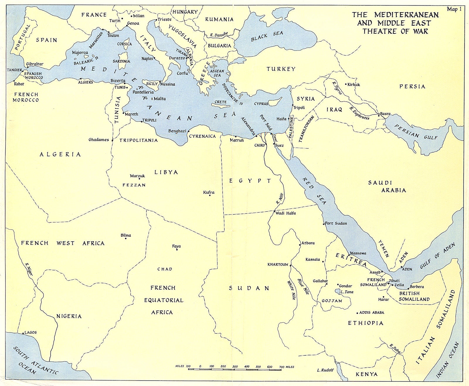 WORLD WAR TWO. Mediterranean & Middle East Theatre. WW2 1954 old vintage map